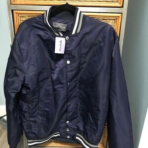 Men’s large navy blue satin varsity/ bomber jacket